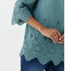 Blouse unie manches 3/4, broderie anglaise