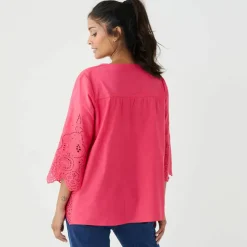 Blouse unie manches 3/4, broderie anglaise