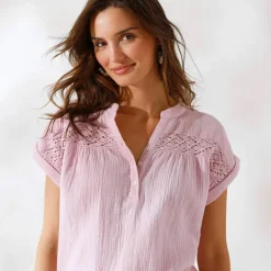 Blouse unie manches courtes, double gaze de coton