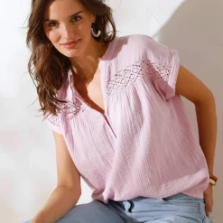 Blouse unie manches courtes, double gaze de coton