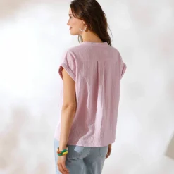 Blouse unie manches courtes, double gaze de coton