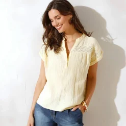 Blouse unie manches courtes, double gaze de coton