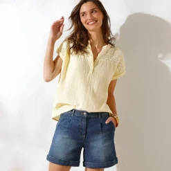 Blouse unie manches courtes, double gaze de coton
