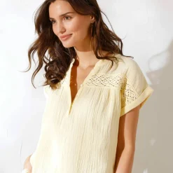 Blouse unie manches courtes, double gaze de coton