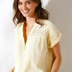 Blouse unie manches courtes, double gaze de coton