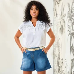 Blouse unie manches courtes, double gaze de coton