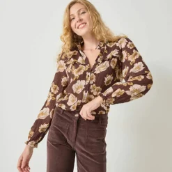 Blouse volantée imprimée floral, crépon