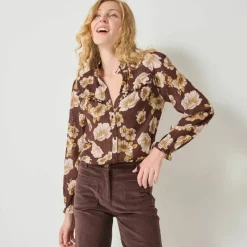 Blouse volantée imprimée floral, crépon