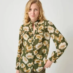 Blouse volantée imprimée floral, crépon