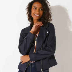 Blouson zippé col tailleur pressionné, suédine