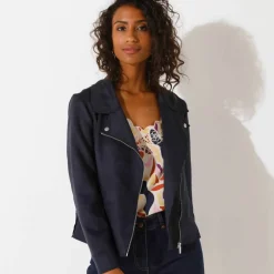 Blouson zippé col tailleur pressionné, suédine