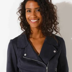 Blouson zippé col tailleur pressionné, suédine
