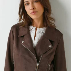 Blouson zippé col tailleur pressionné, suédine