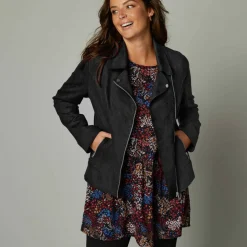 Blouson zippé col tailleur pressionné, suédine