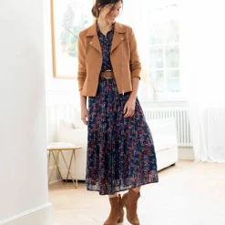 Blouson zippé col tailleur pressionné, suédine