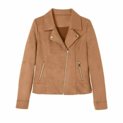 Blouson zippé col tailleur pressionné, suédine