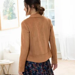 Blouson zippé col tailleur pressionné, suédine