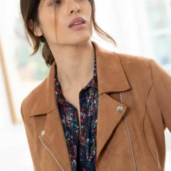 Blouson zippé col tailleur pressionné, suédine