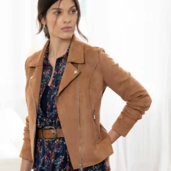 Blouson zippé col tailleur pressionné, suédine