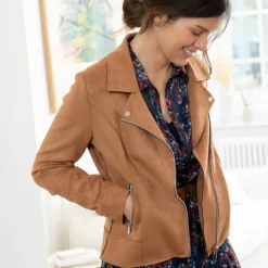 Blouson zippé col tailleur pressionné, suédine