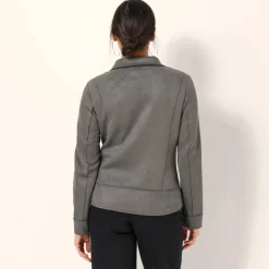 Blouson zippé col tailleur pressionné, suédine