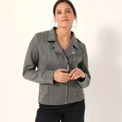 Blouson zippé col tailleur pressionné, suédine