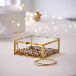 Boîte à bijoux verre et métal, avec coussin léopard