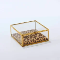 Boîte à bijoux verre et métal, avec coussin léopard