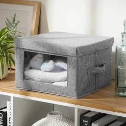 Boîte rangement pliable tissu gris à grande fenêtre
