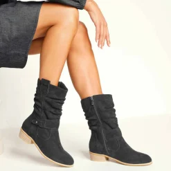 Bottes mi-hautes plissées à petit talon effet bois