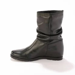 Bottes plissées mi-hautes en cuir avec semelle compensée invisible - noir