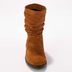Bottes plissées mi-hautes en cuir velours, semelle compensée invisible