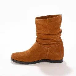 Bottes plissées mi-hautes en cuir velours, semelle compensée invisible