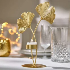 Bougeoir feuille gingko, métal doré