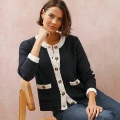 Cardigan bicolore boutonné à poches
