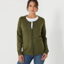 Cardigan boutonné col rond uni, toucher doux