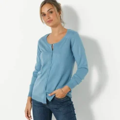 Cardigan boutonné col rond uni, toucher doux