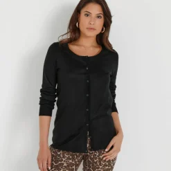 Cardigan boutonné col rond uni, toucher doux