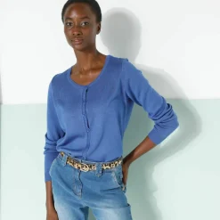 Cardigan boutonné col rond uni, toucher doux