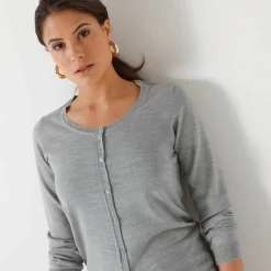 Cardigan boutonné col rond uni, toucher doux