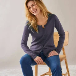 Cardigan boutonné col rond uni, toucher doux
