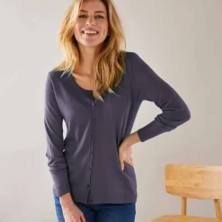 Cardigan boutonné col rond uni, toucher doux