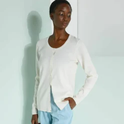 Cardigan boutonné col rond uni, toucher doux