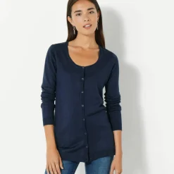 Cardigan boutonné col rond uni, toucher doux