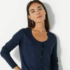 Cardigan boutonné col rond uni, toucher doux