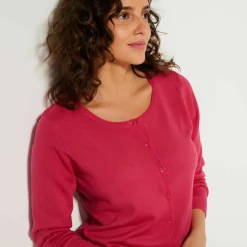 Cardigan boutonné col rond uni, toucher doux