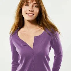 Cardigan boutonné col rond uni, toucher doux
