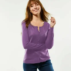 Cardigan boutonné col rond uni, toucher doux