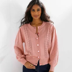 Cardigan boutonné, maille ajourée