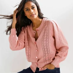 Cardigan boutonné, maille ajourée